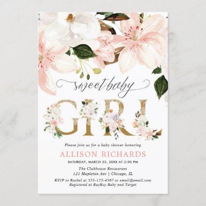Blush pink lace burlap floral girl baby shower invitation