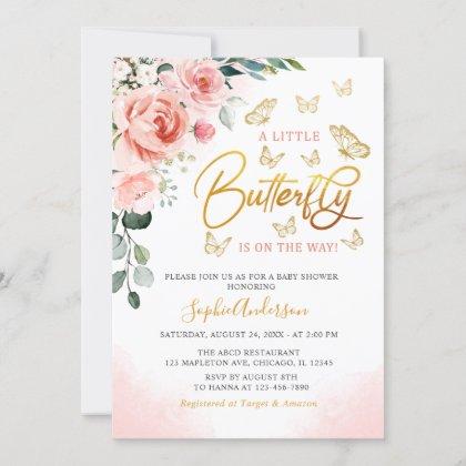 Blush Pink Rose Gold Floral Butterfly Baby Shower  Invitation
