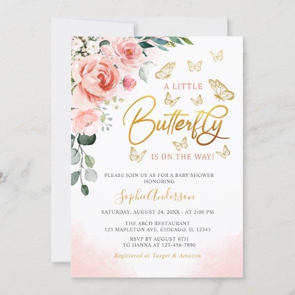 Blush Pink Rose Gold Floral Butterfly Baby Shower