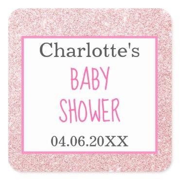 Blush Pink Rose Gold Glitter Sparkle Baby Shower Square Sticker
