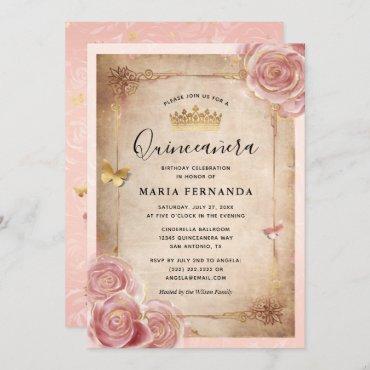 Blush Pink Watercolor Rose Gold Quinceanera Invitation