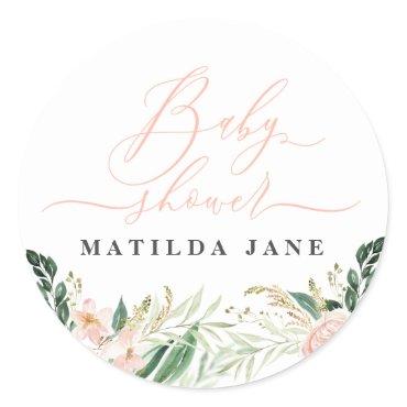 Blush pink watercolour floral baby shower classic round sticker