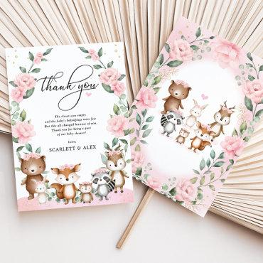 Blush Pink Woodland Floral Animals Baby Shower Thank You Card