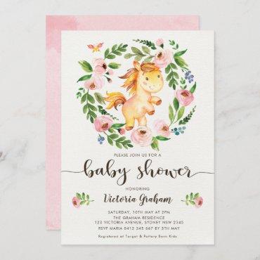 Blush Spring Floral Horse Girl Baby Shower Invitation