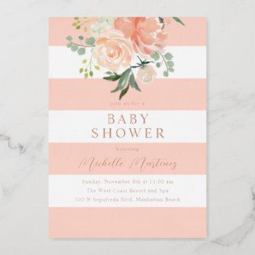 Blush Striped Floral Baby Shower Rose Gold Foil Invitation