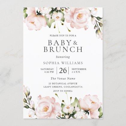 Blush Watercolor Flowers Baby Shower Brunch Invitation