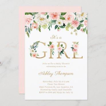 Blush & White Flowers Gold It's a Girl Baby Shower Invitation