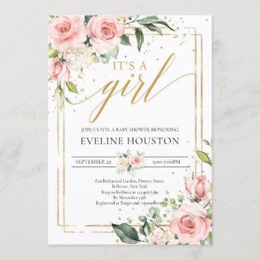 Bohemian blush pink floral gold it's a girl baby invitation