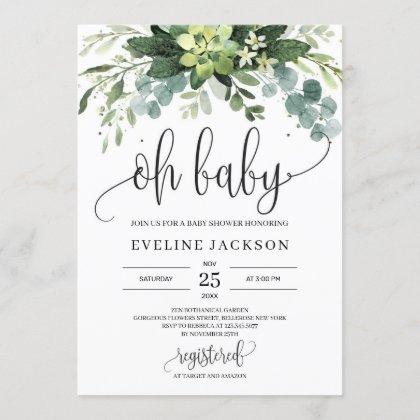Bohemian succulent leaves floral oh baby shower invitation