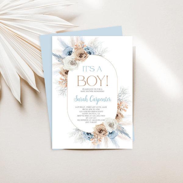 Boho Blue Floral Pampas Grass Baby Shower Boy