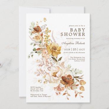 Boho Burnt Orange Butterscotch Flower Baby Shower Invitation
