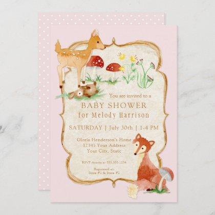 BOHO Deer Fox Owl Forest Pink Girl Baby Shower Invitation