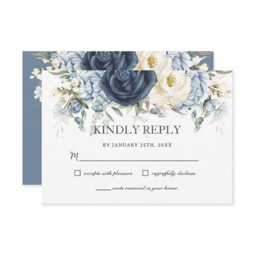 Boho Dusty Blue Navy Ivory Floral Sage Wedding RSVP Card