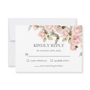 Boho Dusty Pale Pink Roses Floral Greenery Wedding RSVP Card