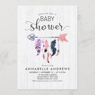 Boho Feathers & Arrow Baby Shower Invitation