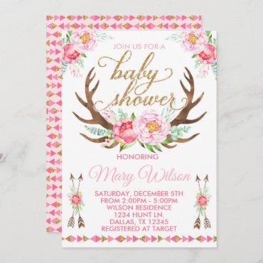 Boho Floral Deer Antler Baby Shower Invitation