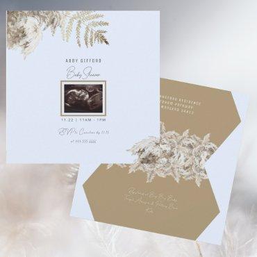 Boho Foliage Ultrasound Blue Baby Shower Invitatio