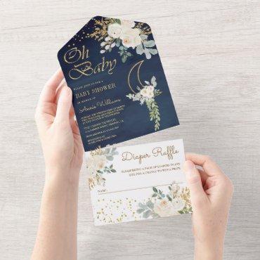 Boho Ivory Floral Gold Moon Navy Blue Baby Shower All In One Invitation