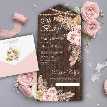 Boho Pampas Grass Dusty Pink Rose Wood Baby Shower All In One