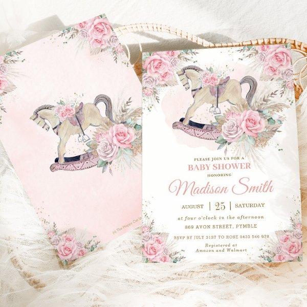 Boho Pampas Grass Pink Floral Rocking Horse Baby