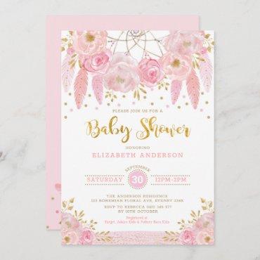 Boho Pink and Gold Dreamcatcher Floral Baby Shower Invitation