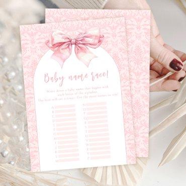 Boho Pink Bow Baby Girl Shower Name Race Game Card