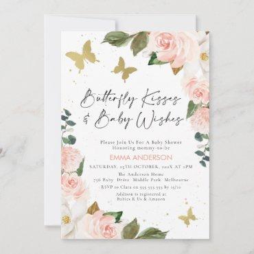 Boho Pink Floral Butterfly Kisses Baby Shower Invitation
