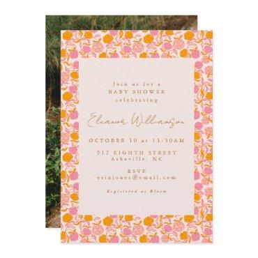 Boho Pink Orange Floral Cute Baby Shower Photo