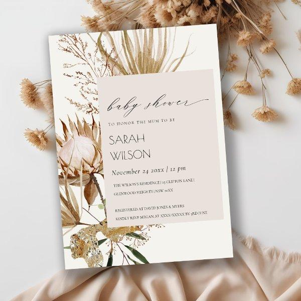 Boho Protea Dried Palm Floral Baby Shower Invite