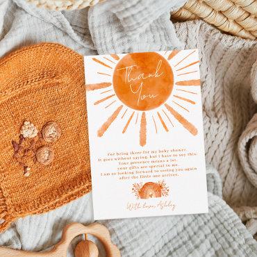 Boho sun rainbow orange baby shower thank you card