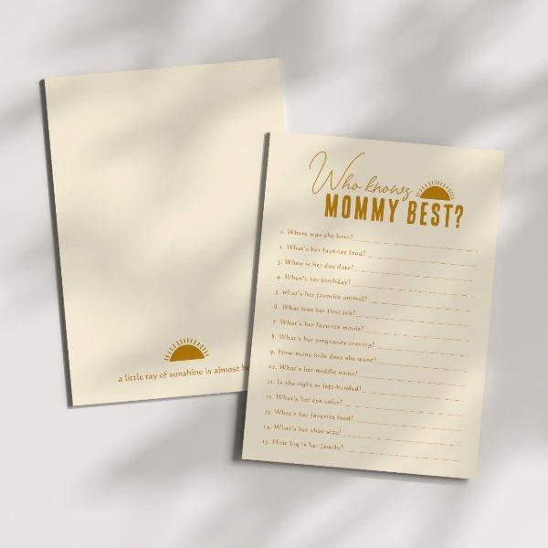 Boho Sun Who Knows Mommy Baby Shower Game Card