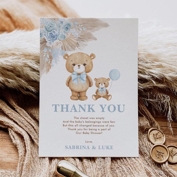 Boho Teddy Bear Dusty Blue Floral Baby Boy Thank You Card
