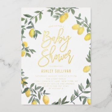 Boho Watercolor Lemon Wreath Baby Shower Foil