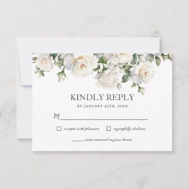 Boho White Ivory Roses Floral Greenery Wedding RSVP Card