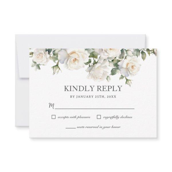 Boho White Ivory Roses Floral Greenery Wedding RSVP Card