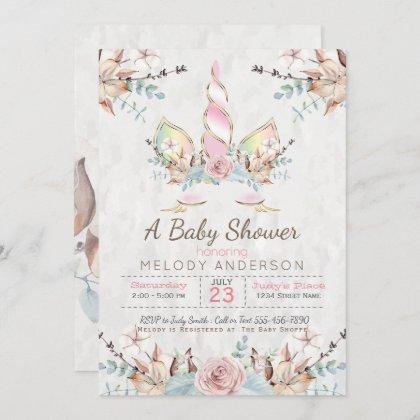 BOHO Woodland Floral Unicorn Baby Shower Pink Invitation