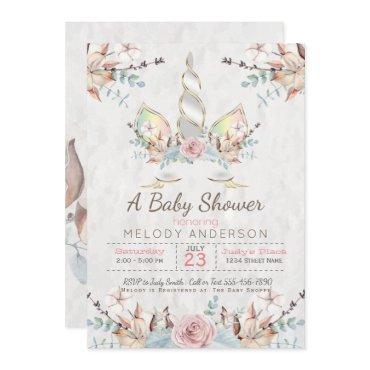 BOHO Woodland Floral Unicorn Baby Shower Soft Grey