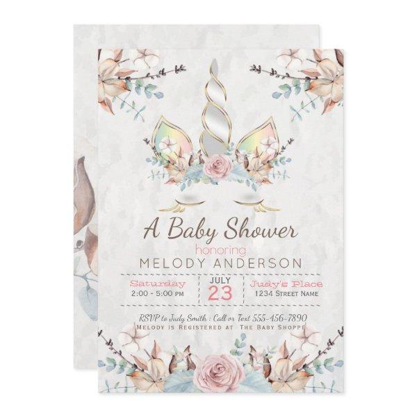 BOHO Woodland Floral Unicorn Baby Shower Soft Grey