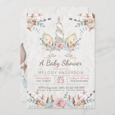 BOHO Woodland Floral Unicorn Baby Shower Soft Grey Invitation