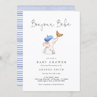 Bonjour Bebe French Elephant Baby Boy Shower Blue Invitation