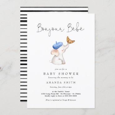 Bonjour Bebe French Elephant Baby Boy Shower Invitation