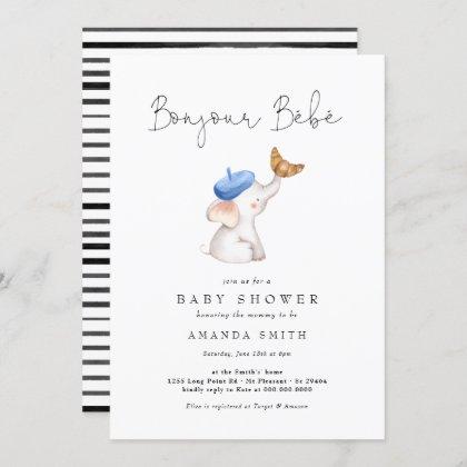 Bonjour Bebe French Elephant Baby Boy Shower Invitation