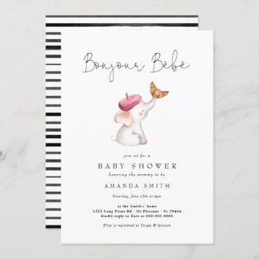 Bonjour Bebe French Elephant Baby Girl Shower Invitation