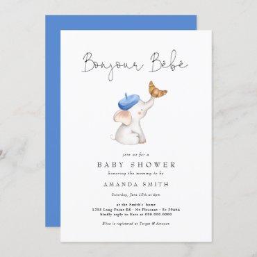 Bonjour Bebe French Elephant Blue Baby Shower Invitation