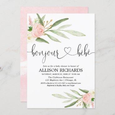 Bonjour bebe French Paris floral girl baby shower Invitation