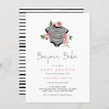 Bonjour Bebe Paris French Pink Flowers Baby Shower Invitation