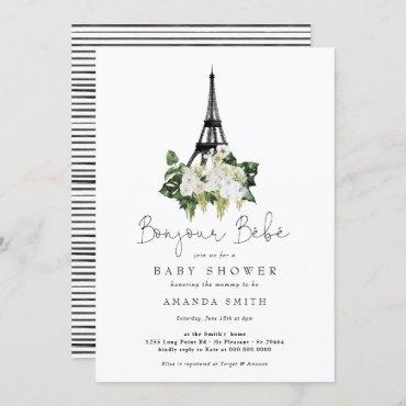 Bonjour Bebe Paris French White Floral Baby Shower Invitation
