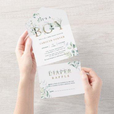 Botanical Gold Letter Baby Shower | Diaper Raffle All In One Invitation