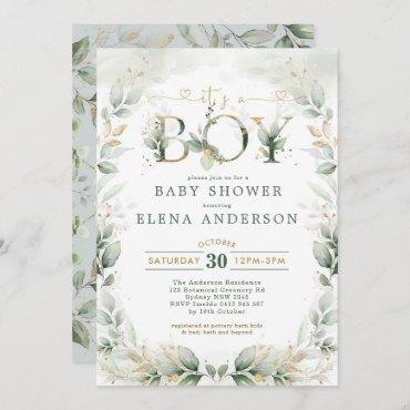 Botanical Greenery Gold Garden Boy Baby Shower Invitation