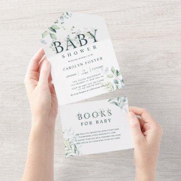 Botanical Letter Boy Baby Shower | Books For Baby All In One Invitation